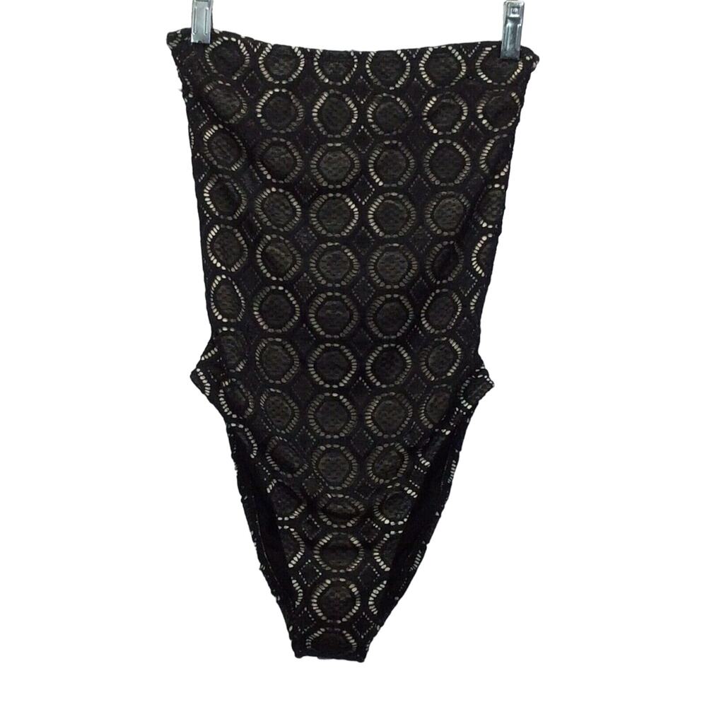 Ris-k Swimsuit 1 Pc Women's Size S Black Crochet w/Ivory Lining Strapless Cruise